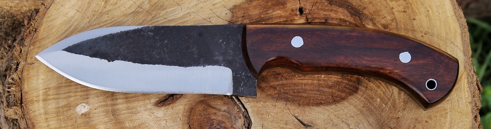Drop point hunting knife with a dark forged finish and a rosewood handle on a cut log