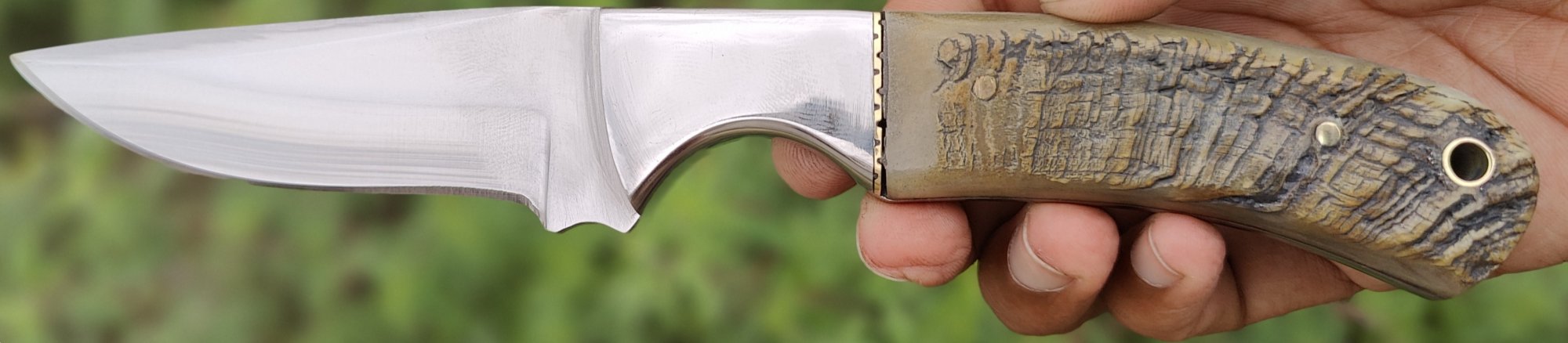 Skinning knife with a deep curved belly, mirror polished blade and a textured ram horn handle, held in hand