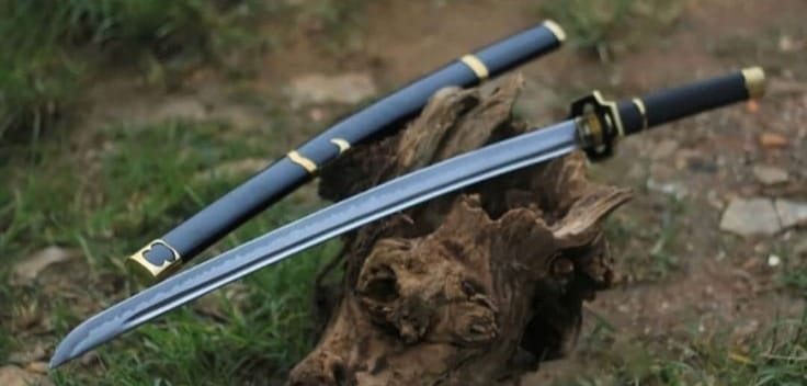 Katana with a curved single edged blade drawn beside its black scabbard with brass fittings